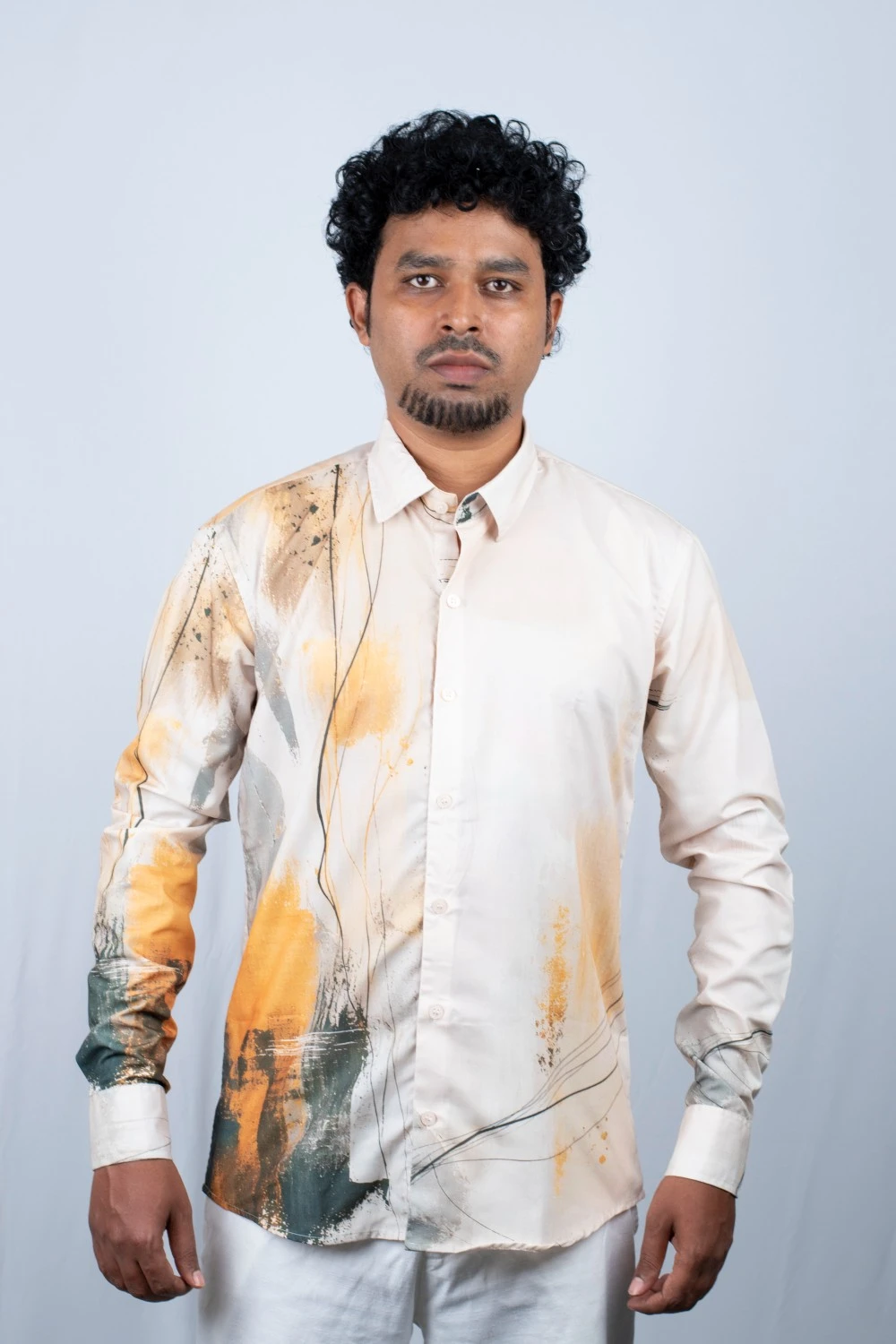_DSC0189 Men's Artistic Orange & Earth Tone Abstract Print Shirt - Image 1