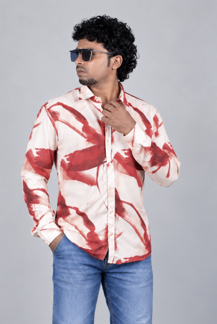 Men's Bold Red Abstract Painted Pattern Button-Down