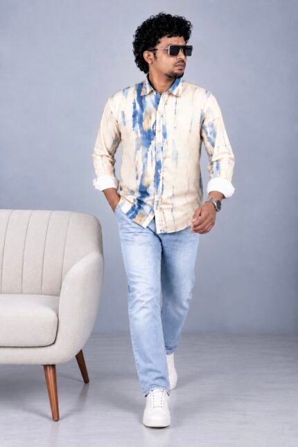 Men's Abstract Blue Brushstroke Button-Down Shirt