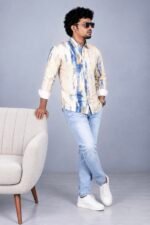 Men's Abstract Blue Brushstroke Button-Down Shirt - Image 4